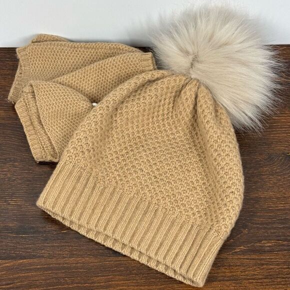 Cammiello Chiaro Light Camel Color Women’s hat and mitt set 100% cashmere faux f main image 7